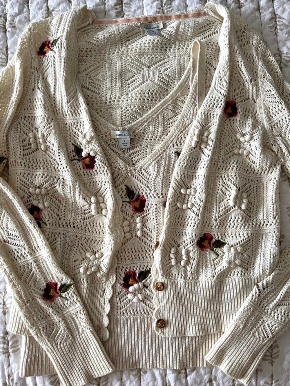 Sundance Floral Crochet Cardigan Set in Cream Size Medium and Tank Size Small
